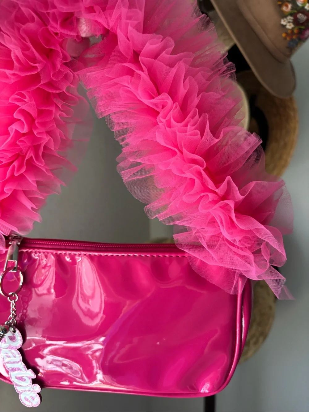 Barbie Pink Patent Shoulder Bag Ruffle Handle Charm Y2K Style NWT